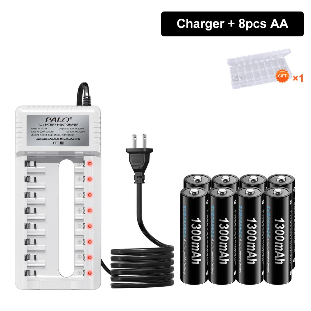 PALO 1.2V AA Ni-MH Battery 1300mah +AAA Rechargeable Batteries 600mah for Toy alarm clock with 8 slots Smart 2A 3A Battery Charger