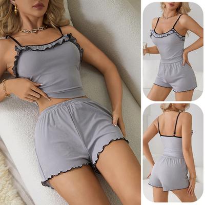 2 Pcs/Set Women Summer Pajamas Suit Ruffle Patchwork Sleeveless Backless Cop Top High Waist Mini Shorts Daily Nightie Slim Fit Sleepwear