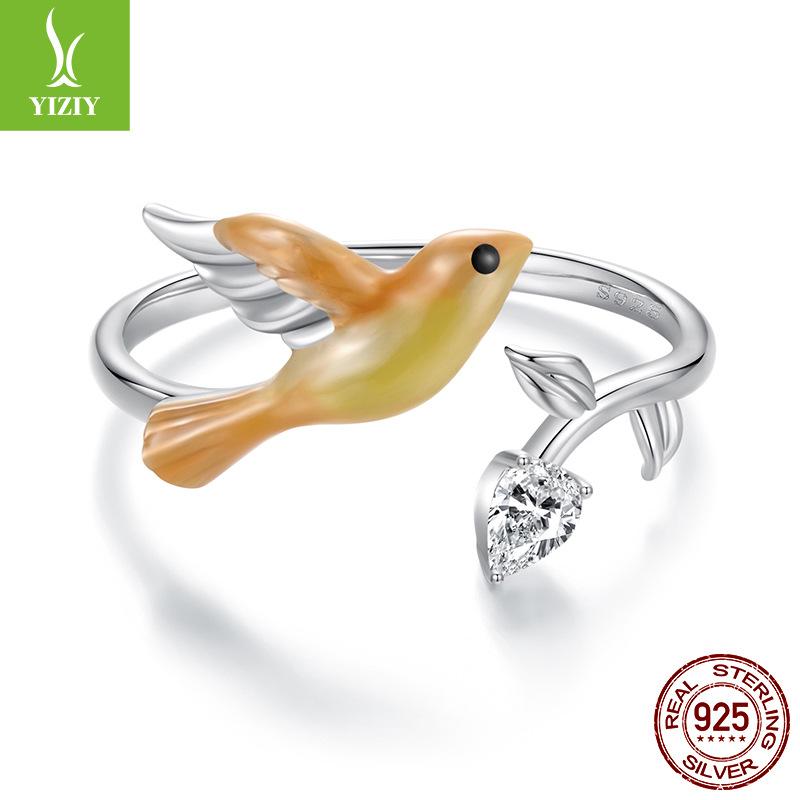 Cute Yellow Warbler Open Ring S925 Sterling Silver Simple Temperament Versatile Bird Ring