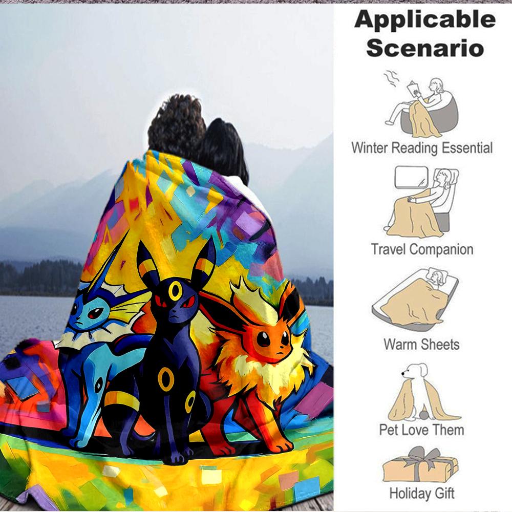 1Pc Eevee Evolution Artwork Flannel Blanket, Soft And Comfortable, Casual Warm, Camping Travel, Christmas, Halloween Xmas Gift. G135
