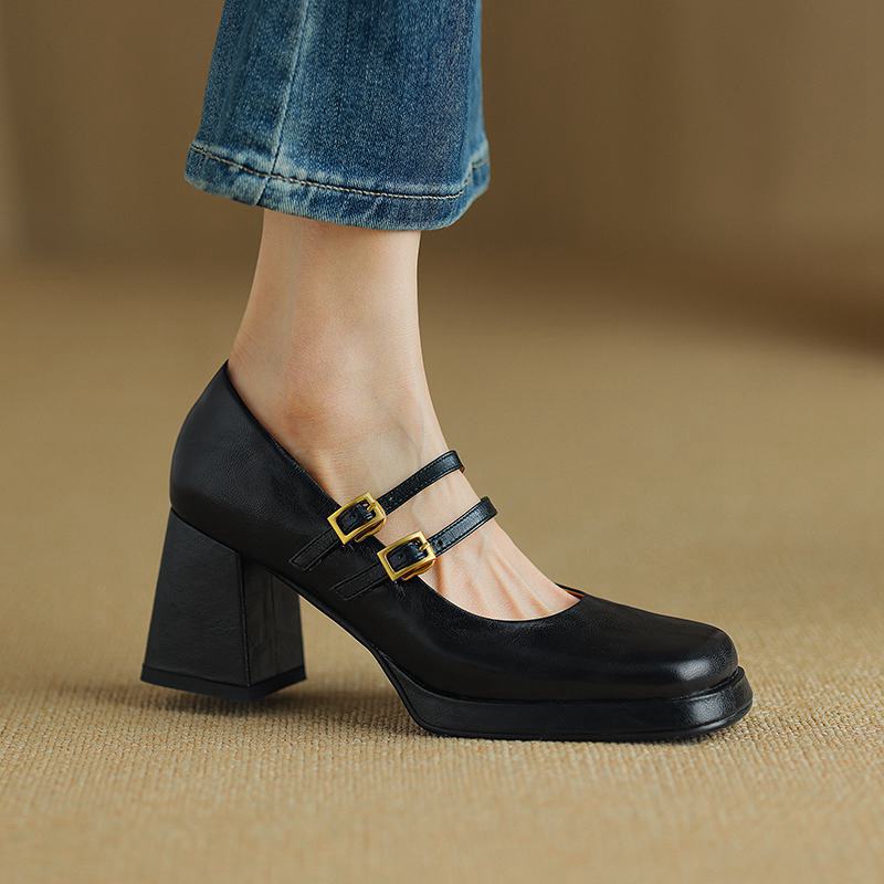 

Krazing Pot Туфли из овчины с квадратным носком и толстым каблуком, осенне-летняя обувь с пряжками и ремешками, женские туфли с металлическим украшением, британские школьные туфли на платформе 40 чёрный