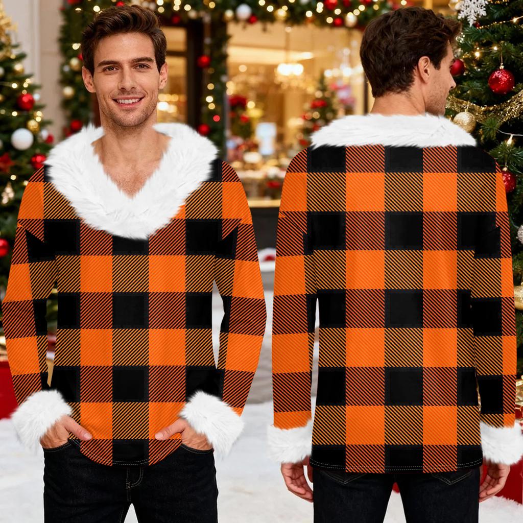 Men's Christmas Printed Fleece Lined Hoodie | Faux Trim Party Sweatshirt With Pocket | Plus Size Loose Fit Holiday Pullover