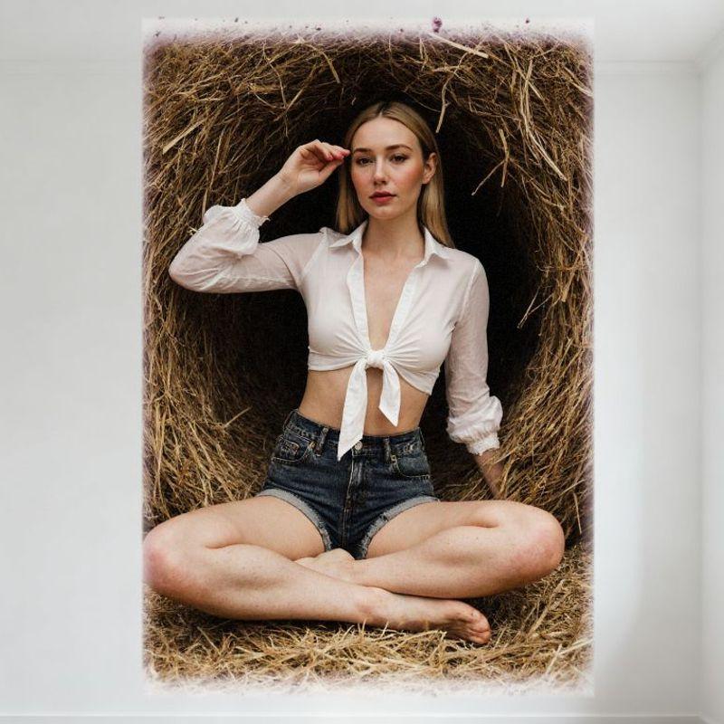

Sexy Blonde Woman Crop Top Denim Shorts Rustic Hay Bale Countryside Scene Tin Sign Vintage Metal Poster for Bar Pub Home Wall De 20x30cm（7.8x11.8inch）