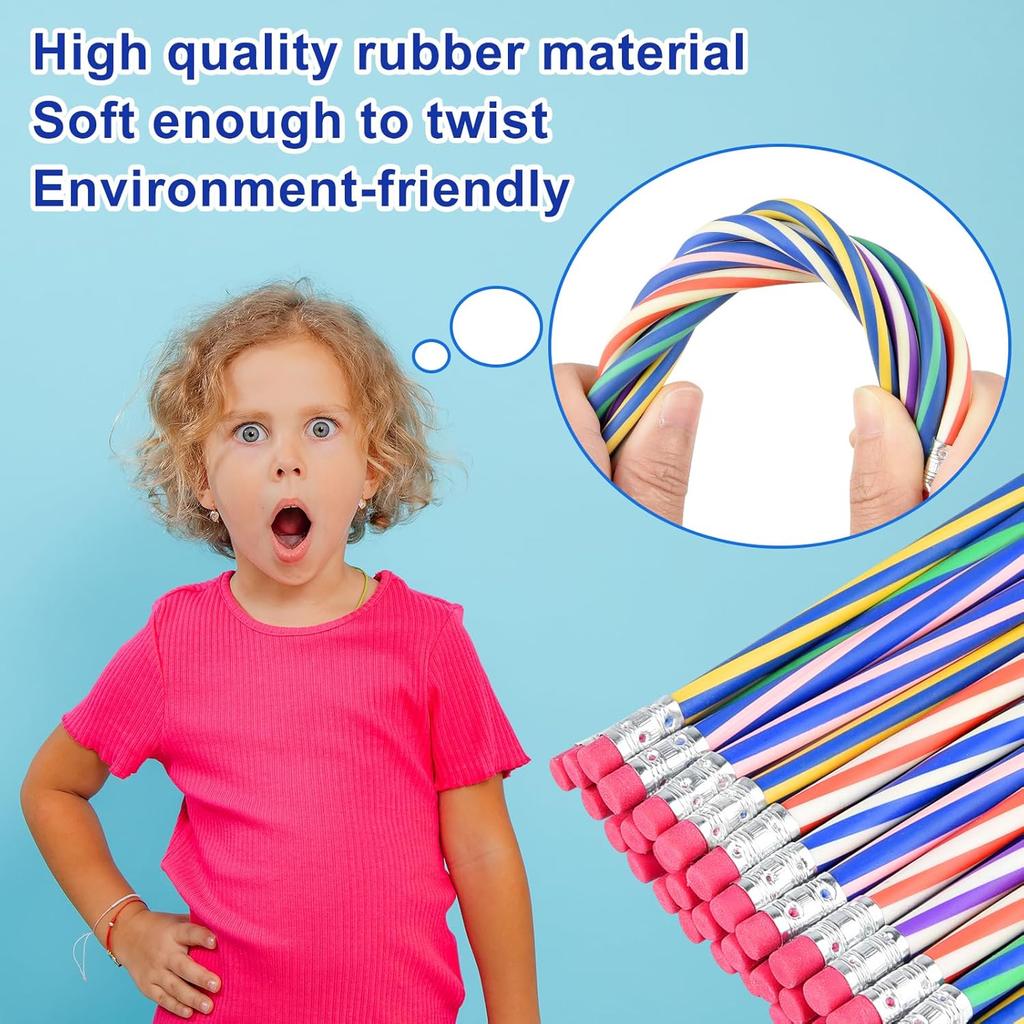 24 Pieces Soft Flexible Bendy Pencils with Erasers for School Stationary Equipment for Birthday Party Favours Fillers Back To School Funny Supplies