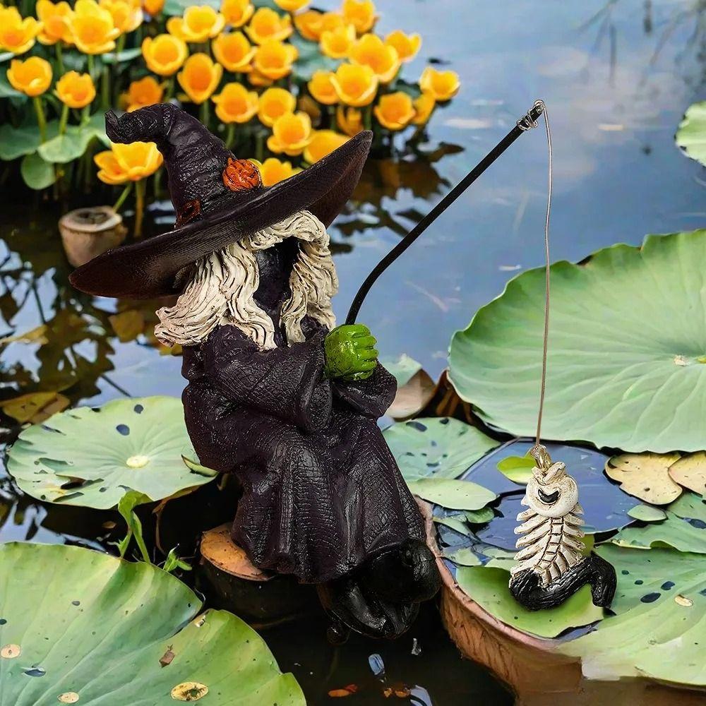Crafts Witch Figurines Funny Halloween Witch Sculpture Fishing Witch Statue Background Layout
