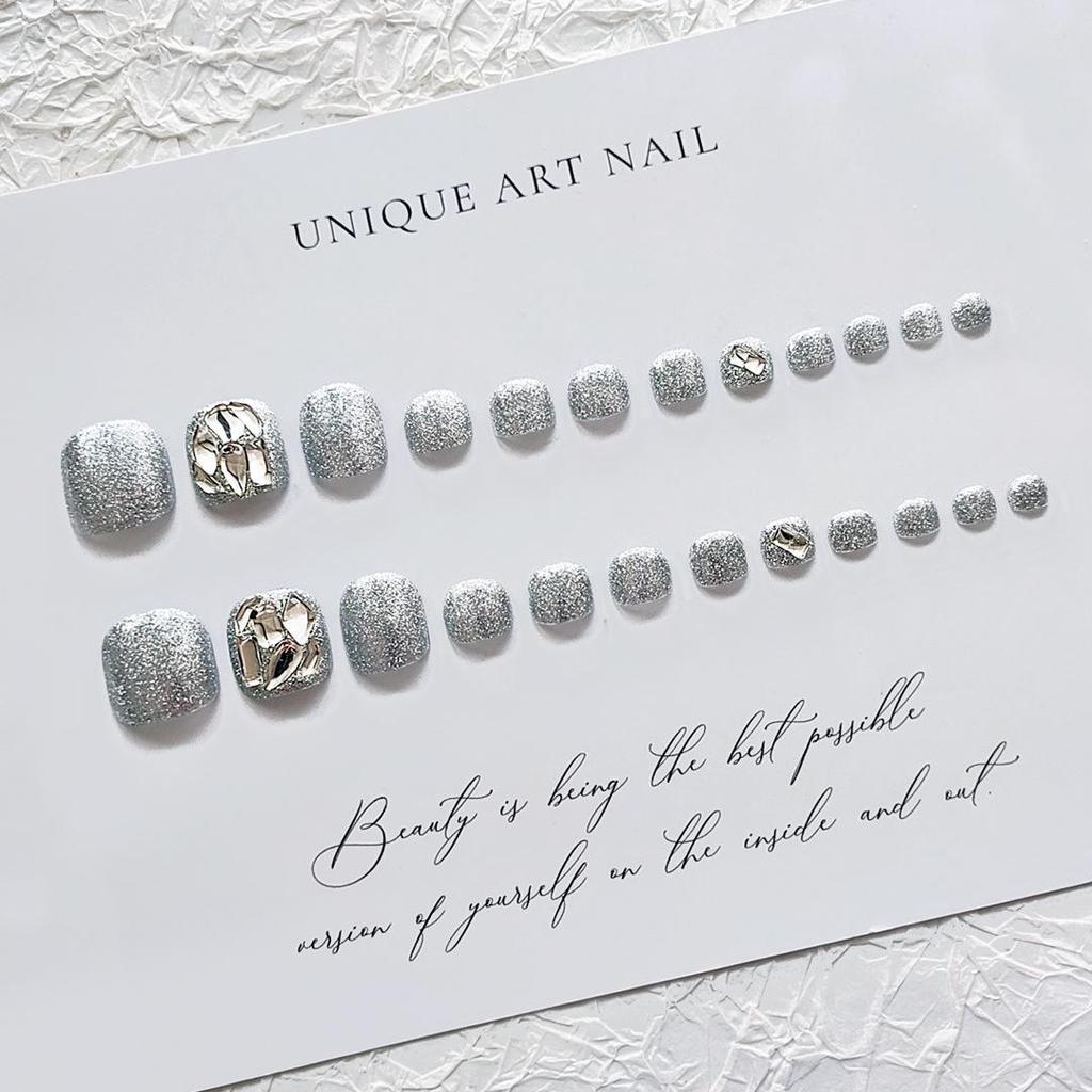 J72 Silver Diamond Toenail Art Gel Stickers - Flashy Handmade Wearable Fake Toenail Patches