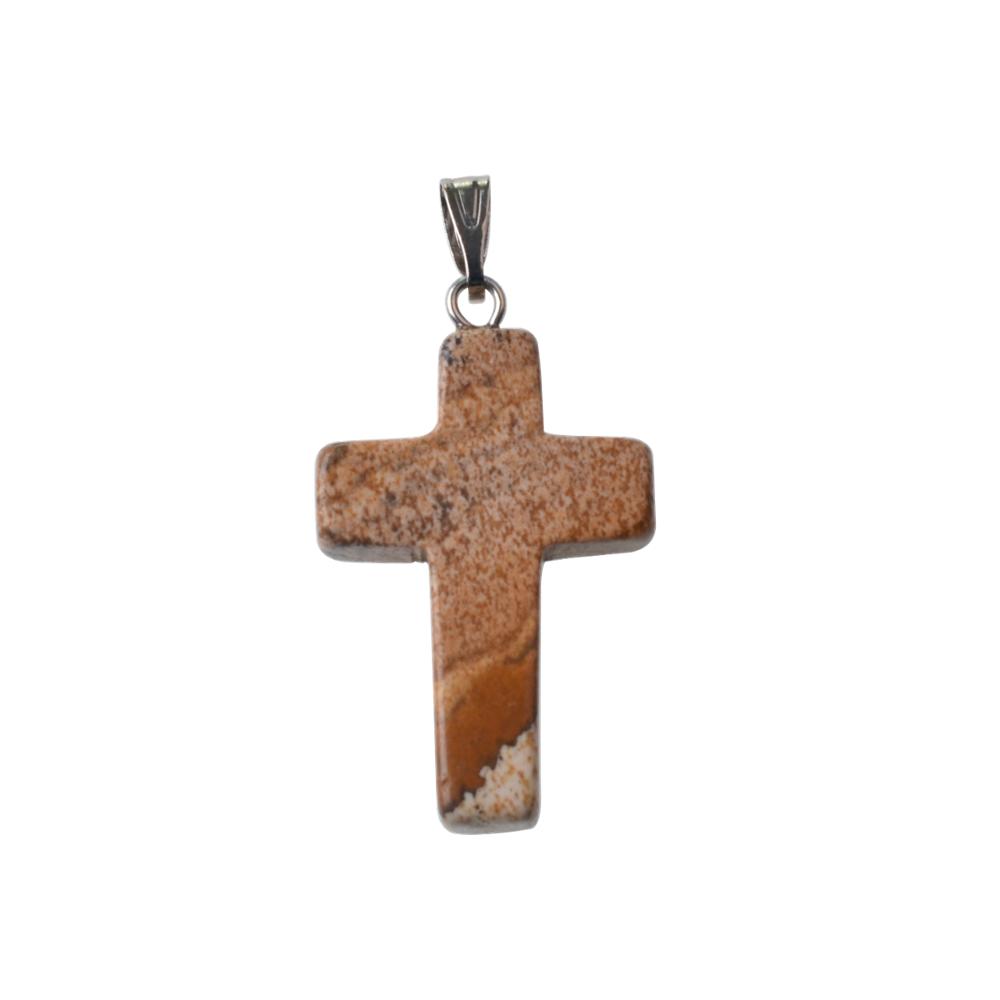 Natural Stone Cross Pendant Necklace Women Men 18inch Black Leather Cord Custom Crystal Choker Chakra Jewelry Findings