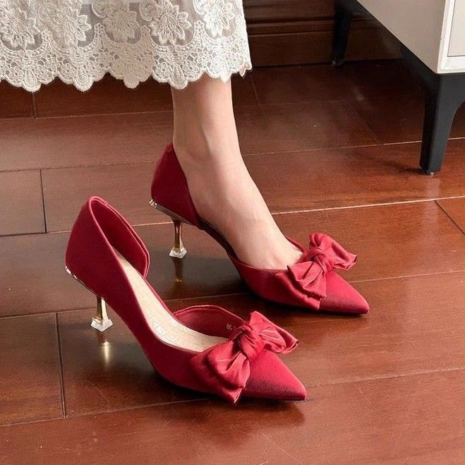Pointed thin heels show high red festive bridal shoes wedding shoes show year side empty high heels bow