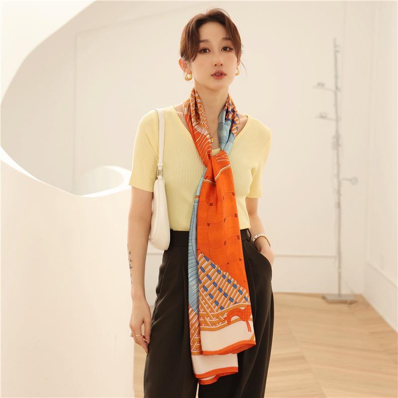 Elegant temperament ladies air-conditioning long shawl fashion colour blocking thin section holiday silk scarf scarf