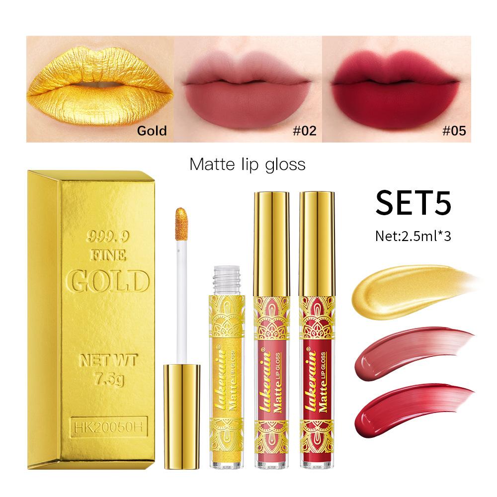 

Lakerain Golden Lip Gloss Матовый не прилипающий цвет губной помады Красный Три набора 05