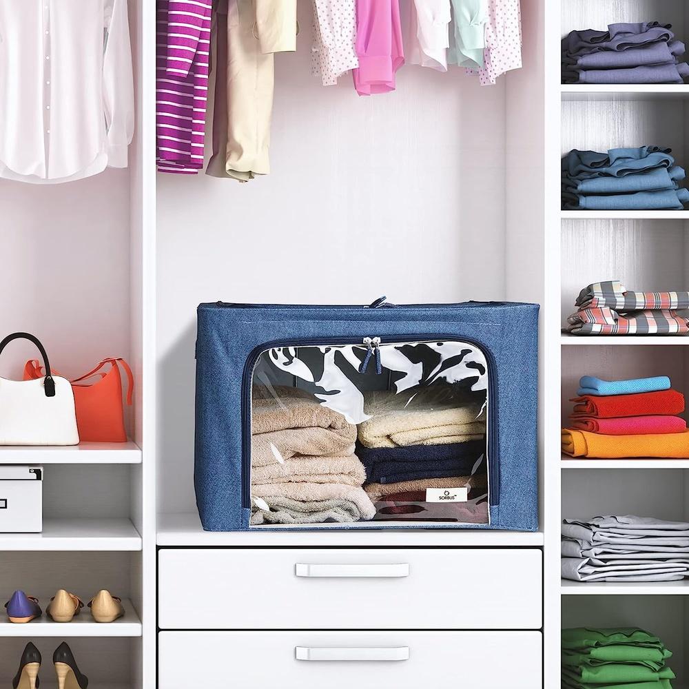 Stackable Foldable Storage Bins with Metal Frame Clear Window Dual Zipper Handles Durable Organizing Boxes Clothes Bedding