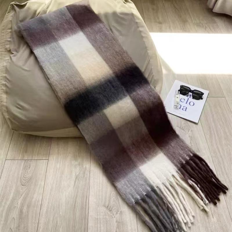 White cream blue and white plaid mohair scarf women's versatile shawl fluffy warm scarf