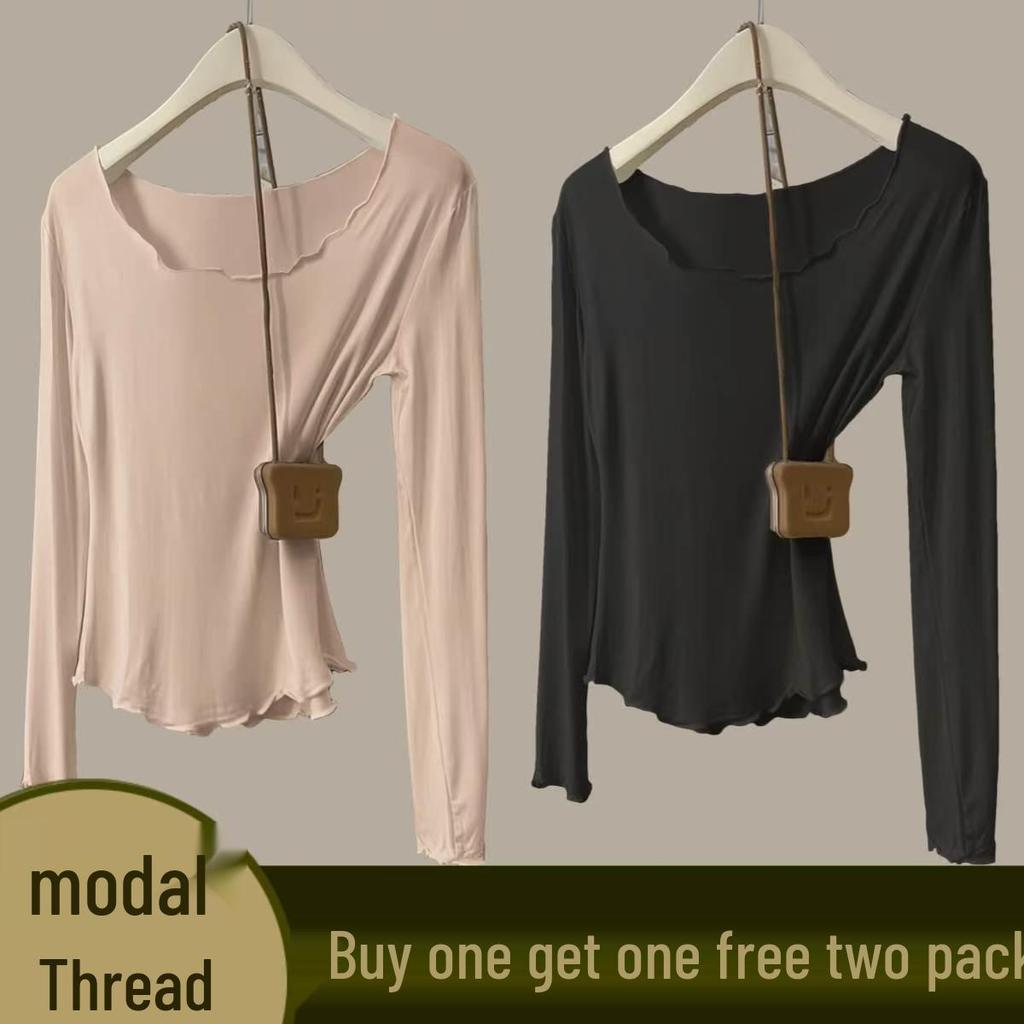 Women's Autumn Modal Ribbed Top: Round Neck, Long Sleeve, Rolled Hem, Base Layer T-Shirt