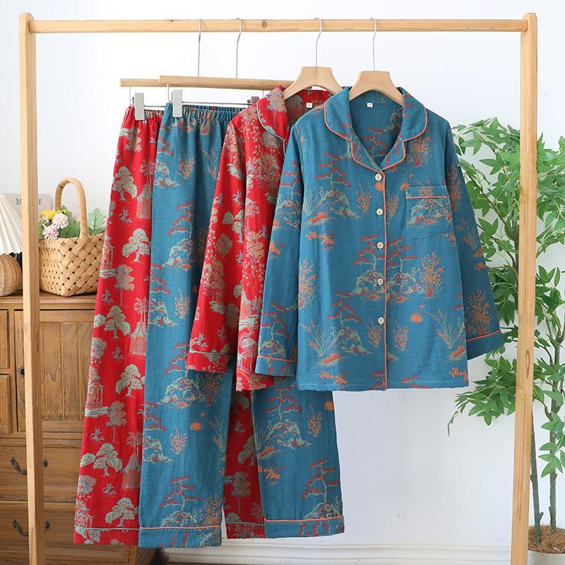 2026 New Spring and Autumn Women's Pajama Set 100% Cotton Gauze Retro Color Knitted Home Clothes Long Sleeve Set Sleepwear