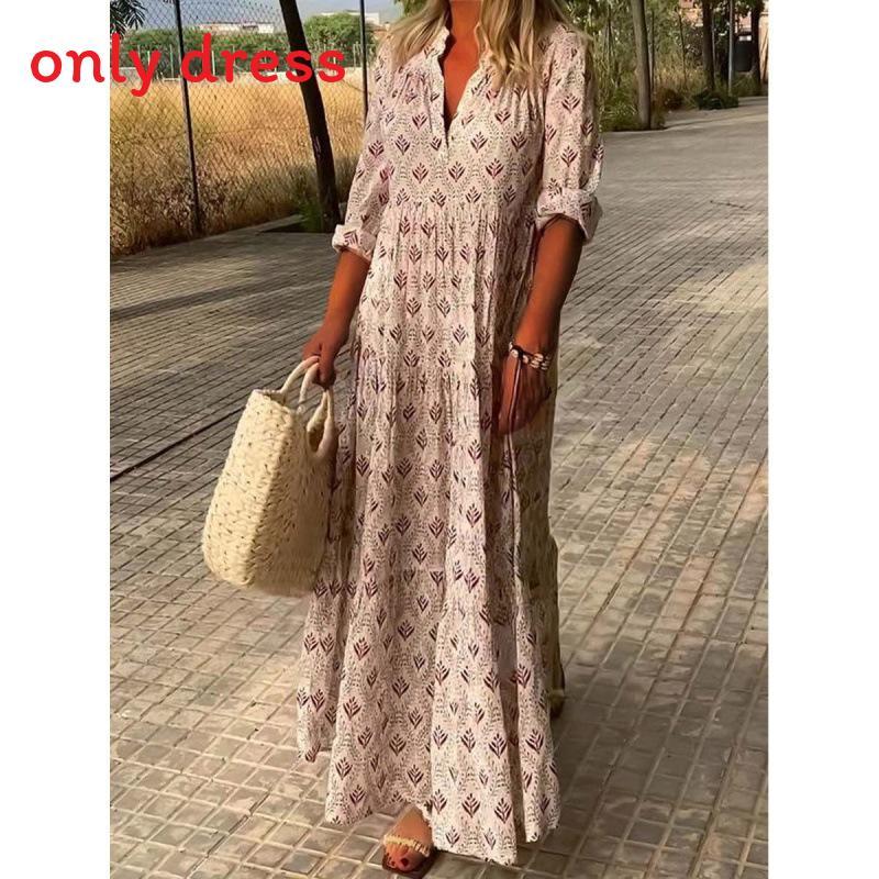 Polyester Vintage Long Dress With 3d Print And Pleated Style For Casual Fashion
