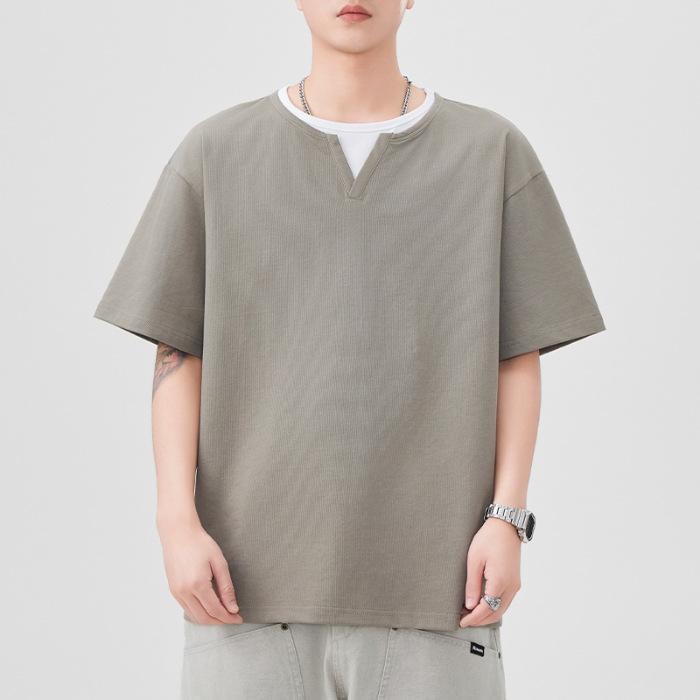 Summer New Short-sleeved T-shirt Men's Loose V-neck Fake Two-piece T-shirt Loose Japanese Retro