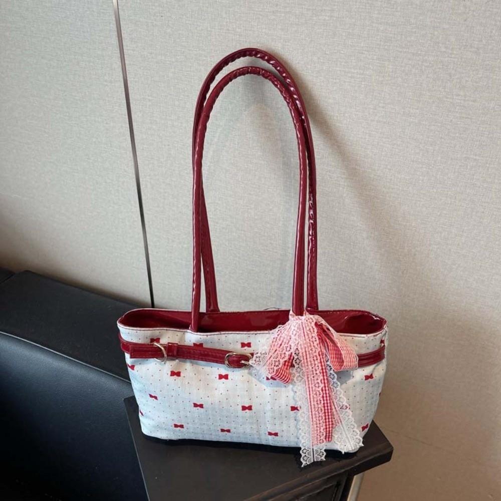 Sweet French Tote Bag Lace Ribbon Underarm Bags Shoulder Bag Bow PU Handbag  Women
