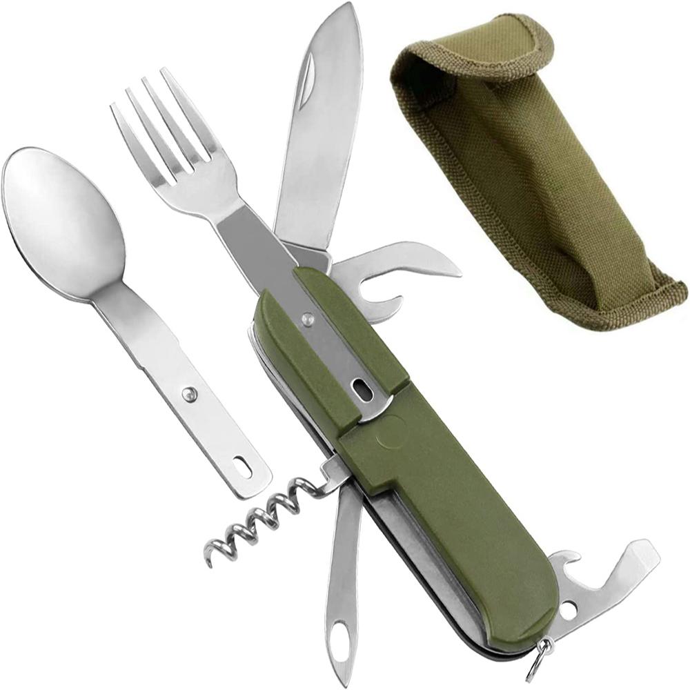 7 In 1 Multifunctional Outdoor Tableware Stainless Steel Foldable Fork Spoon Knife Picnic Camping Hiking Travelling Dinnerware
