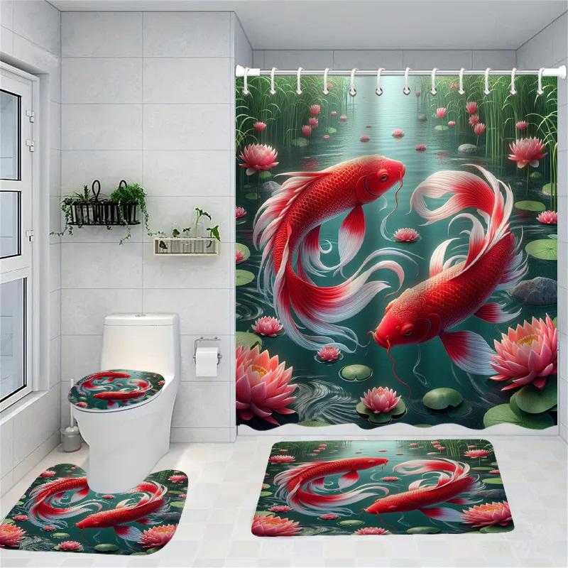 3D Fishes Shower Curtain Animal Bath Sets Waterproof Non-Slip Bathroom Rug Toilet U With 12 Hooks Home Deco