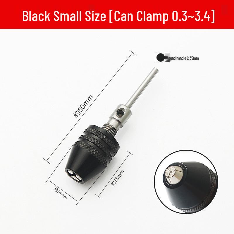 Quick-Change Mini Electric Drill with Three-Jaw Chuck, Hex Extension Rod, and Twist Drill Bit Adapter.