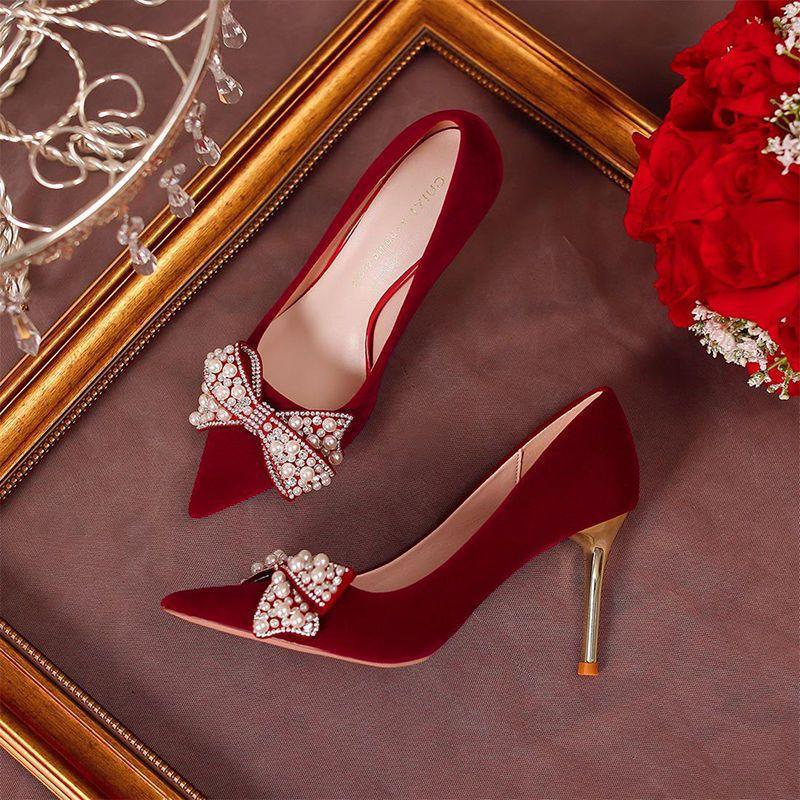 Xiuhe Wedding Dress Two Wear Wedding Dress Red Wedding Shoes Bow Light Mouth Bridal Shoes Stilettos