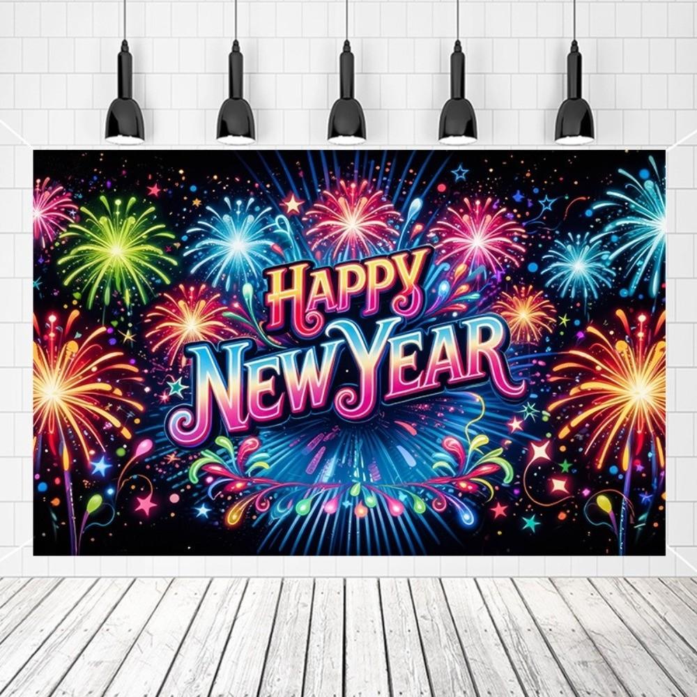 Black Gold 2026 New Year Backdrops Colorful Balloon Night Glittering Celebration Banner Champagne Polyester Party Background