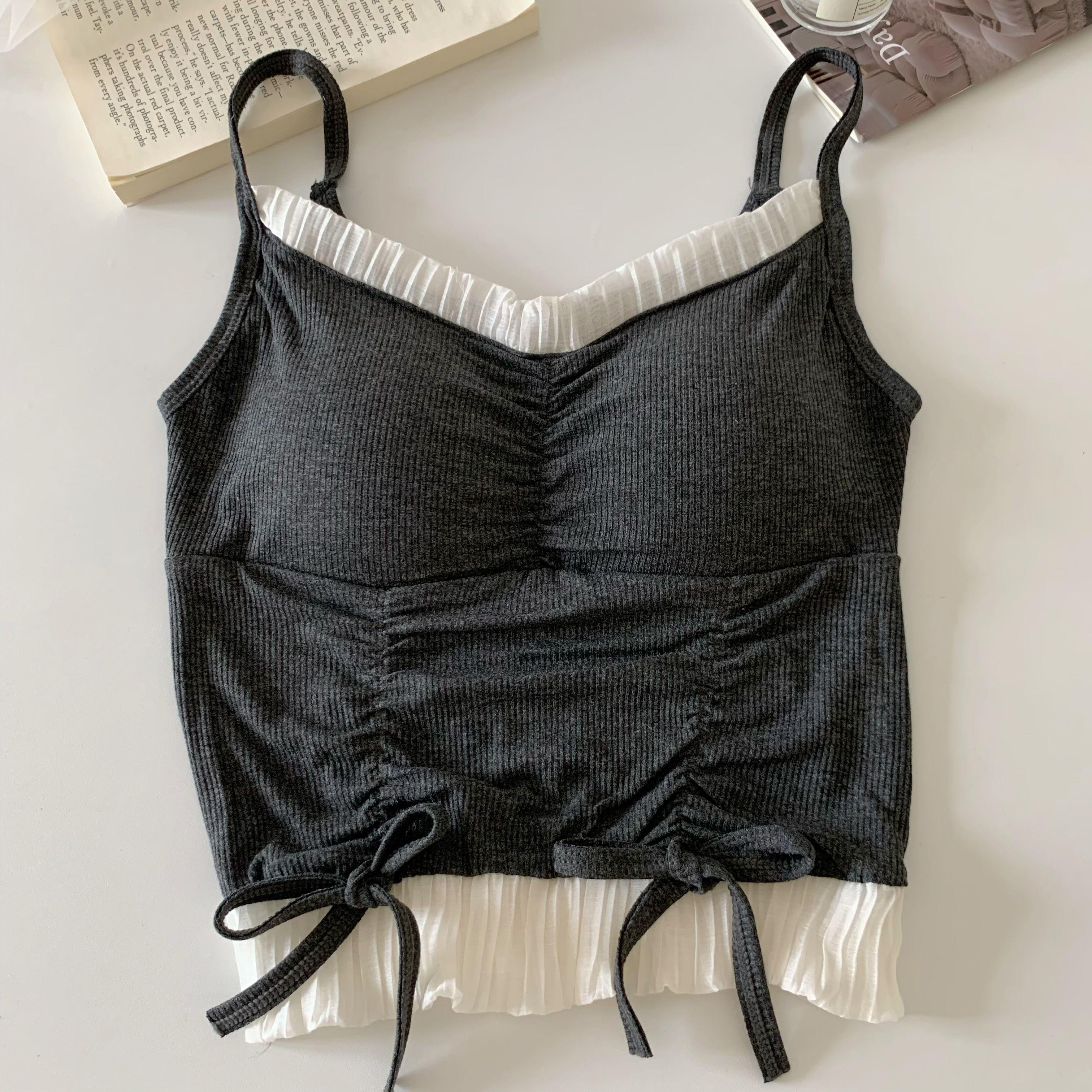 

Горячая девушка Топ-майка с оборками и нагрудными подушечками, на кулиске, для женщин, облегающий, базовый слой для ношения под одеждой, красивая спина, верхняя одежда L