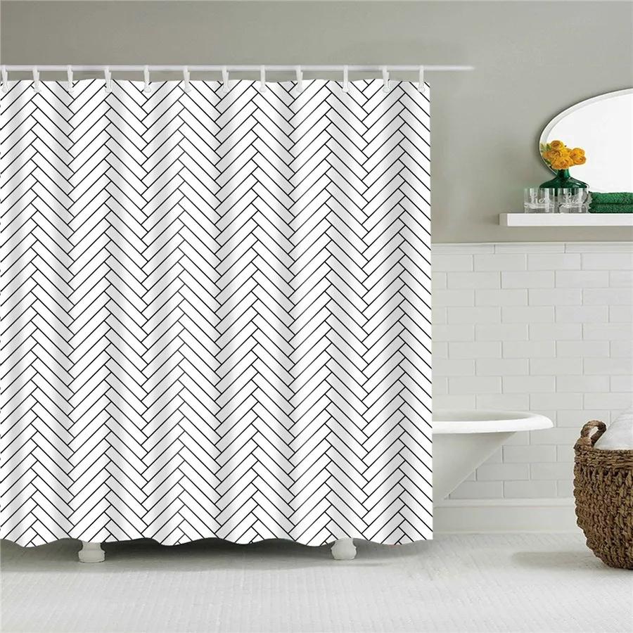Black and White Shower Curtain Geometric Pattern Waterproof Polyester Home Decor Bath Curtains with Hooks Bathroom Accessories