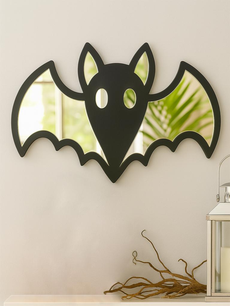 Acrylic Halloween Bat Shape Wall Mirror, Wooden Black Frame Wall Hanging for Living Room Bedroom, Spooky Aesthetic Wall Ornament