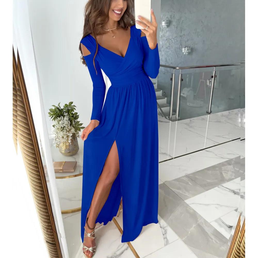 Vestito casual da festa multiuso con spacco lungo, a maniche lunghe, scollo a V, tinta unita, da donna