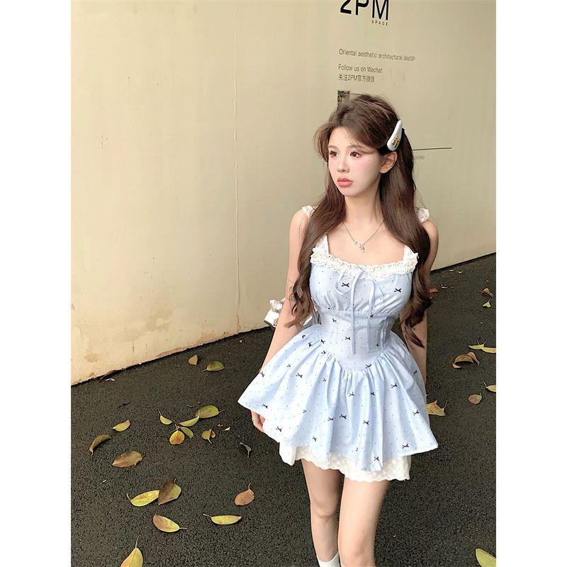 French Polka Dot Summer Tight Waist Princess Dress Bows
