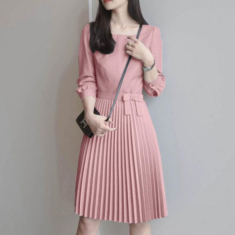 ZANZEA Women Square Neck Casual Long Sleeve Pleated Dress