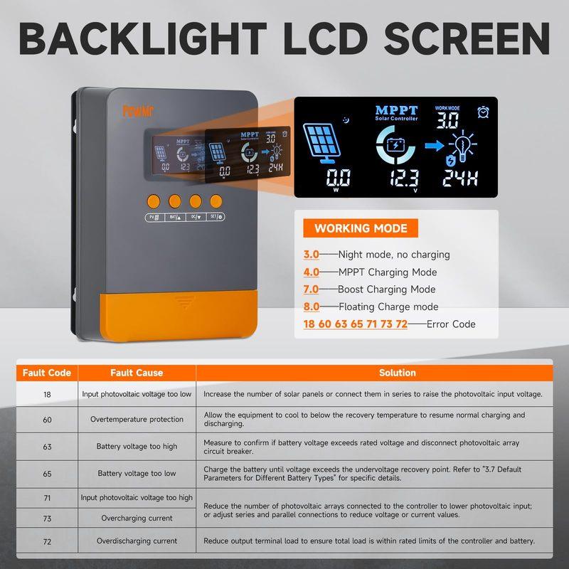 PowMr 20A 25A 30A 35A 40A 45A MPPT Solar Charge Controller for 12V 24V Lead-acid/Lithium Battery Solar Regulator Back-light LCD