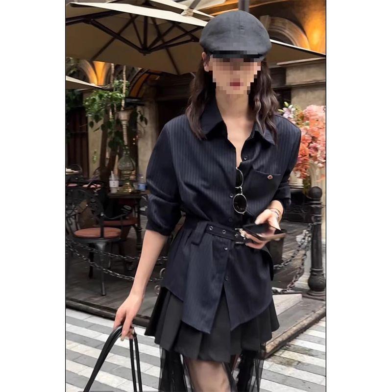 

Spring Striped Belt Shirt & Mesh Pleated Skirt Two-Piece Set S [40-49 kg]
