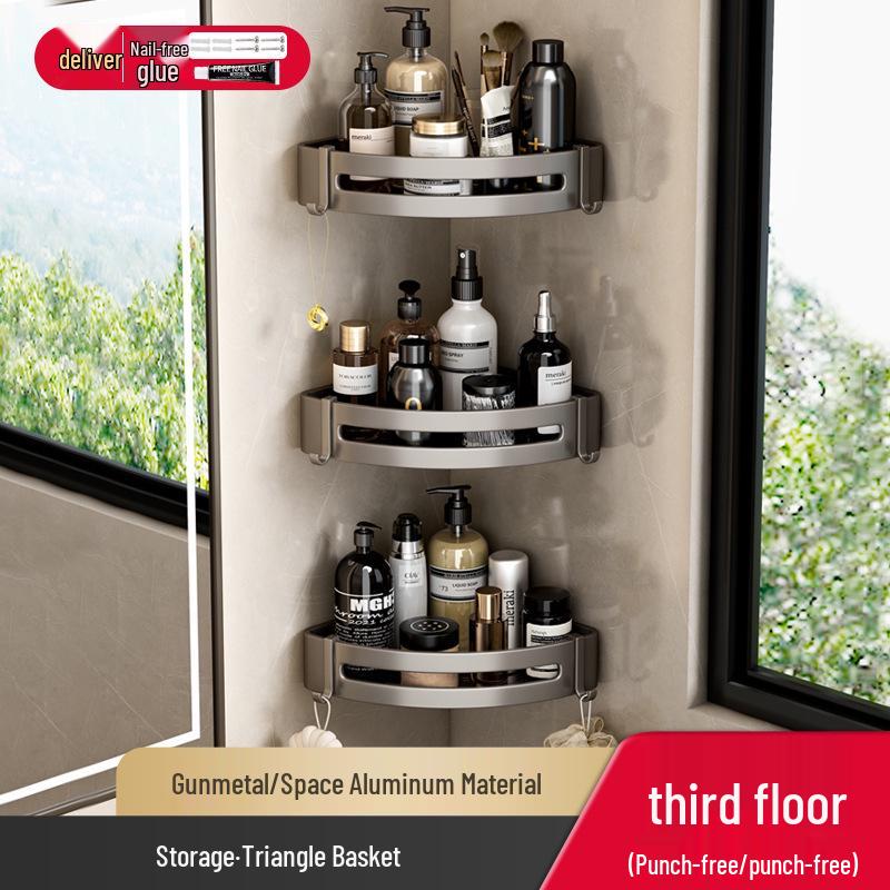 Gunmetal No-Drill Triangular Bathroom Shelf - Space Aluminum Corner Storage Basket