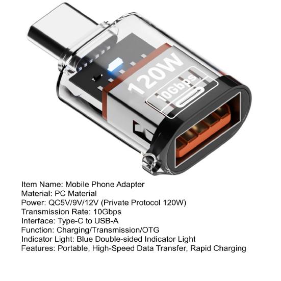 Typ-C Stecker auf USB A Buchse Adapter 120W USB 3.2 Gen2 Adapter Beidseitig 10Gbps Datenübertragung Adapter mit transparentem Gehäuse