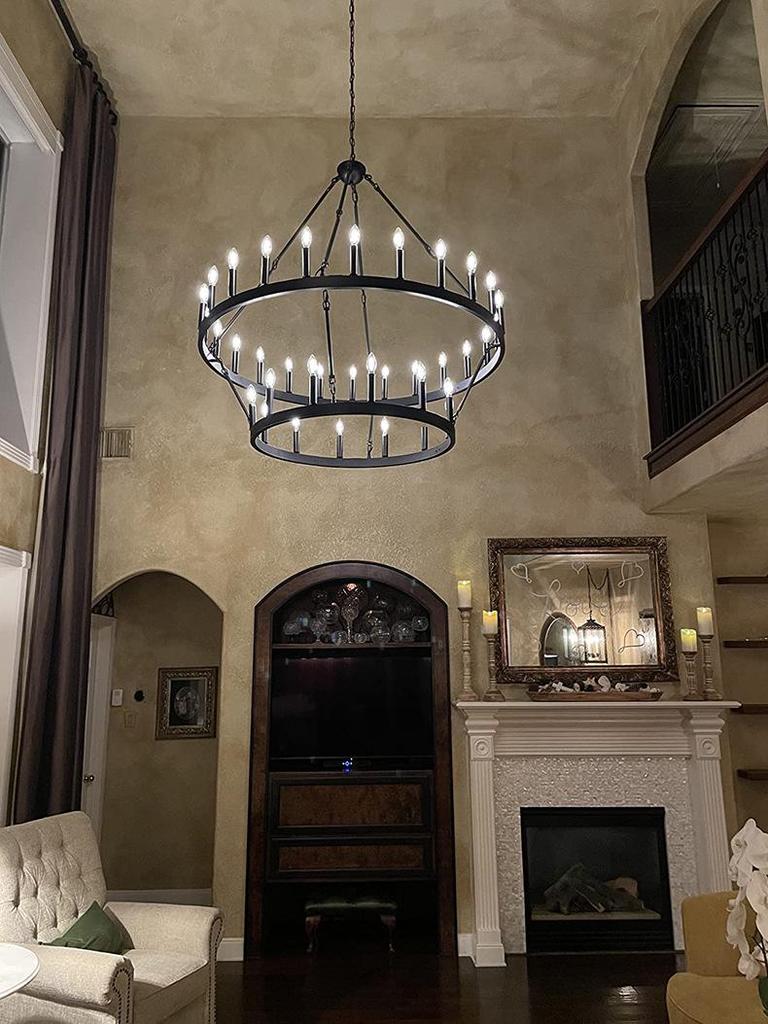 Farmhouse Industrial Rustic Black Wheel Chandelier for Dining Room, Bedroom, Foyer, or Living Room.