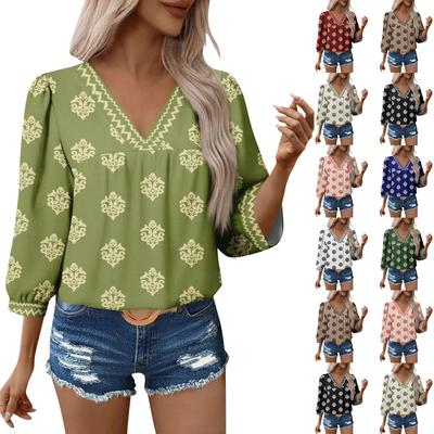 Dámské ležérní květinové halenky s V výstřihem a 3/4 rukávem Boho podzimní topy košile