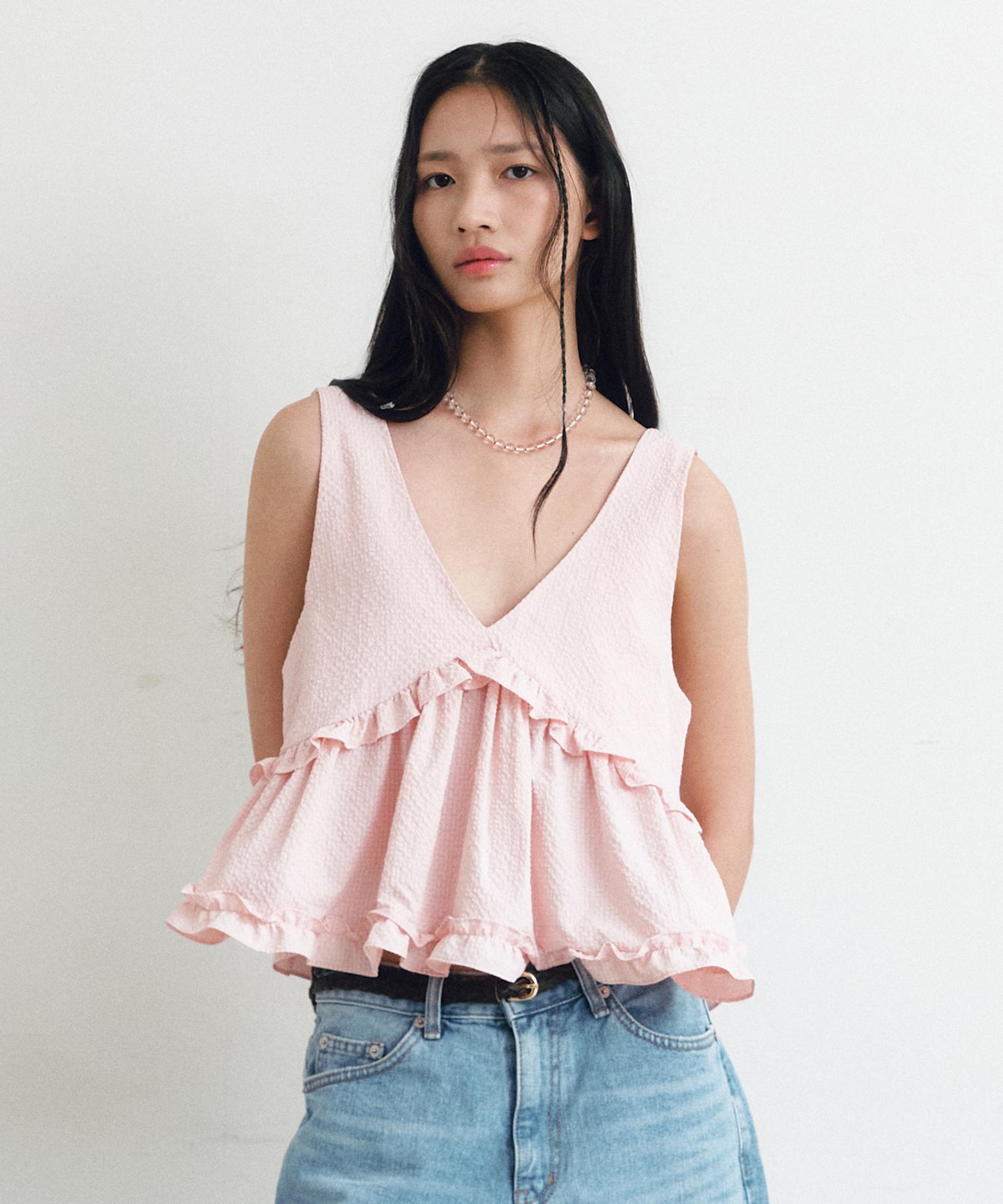 Ceme V-Neck Frill Sleeveless Blouse(Pk) Pink/Free
