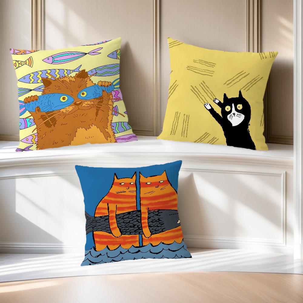 Cute fish Cat Funny Abstract Art meme cushion cover soft Pillow Case for Sofa Living Room Home office Decor Protective Covers