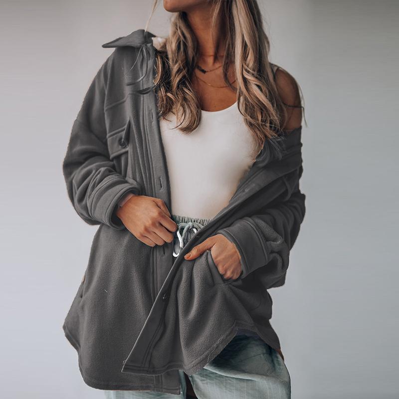 Осенне-зимняя женская флисовая куртка с длинным рукавом и лацканами — фото 21