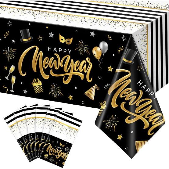 Hallswl 1 Pieces Happy New Year Tablecloths Black Gold Plastic Disposable Table Cloth Rectangle New Year Table Cover for 2026 New Years Eve Party