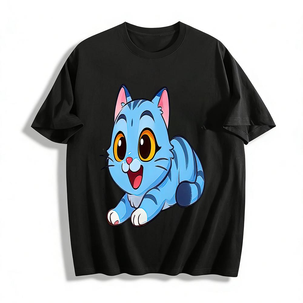 

Cute Blue Striped Cat Print Kids Casual T-Shirt Breathable Comfortable Daily Top For Boys Girls Pure cotton T-shirt XXS