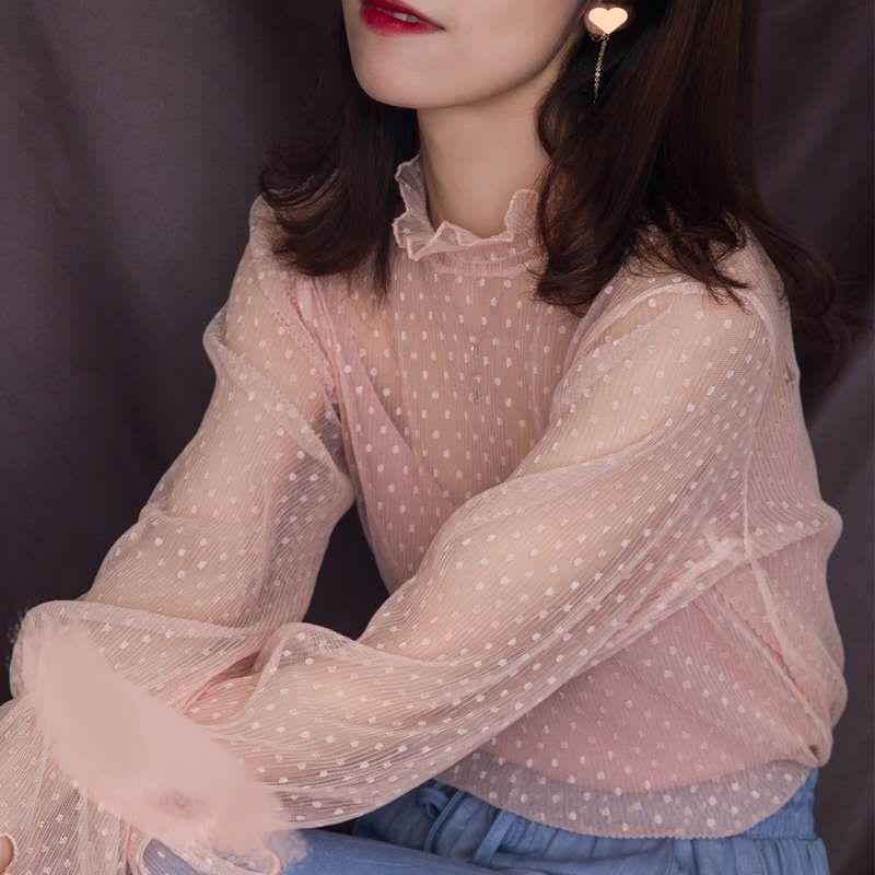 

Women Sexy Mesh See Through T Shirt Long Bell Sleeve Hollow Out Blouse Summer Transparent Sheer High Neck Bottoming Basic Tee XXXL рожевий