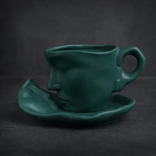 260ml European Style Bar Creative Gift Sculpture Couple Mug Exquisite Matte Ceramic Coffee Cup and Saucer Set