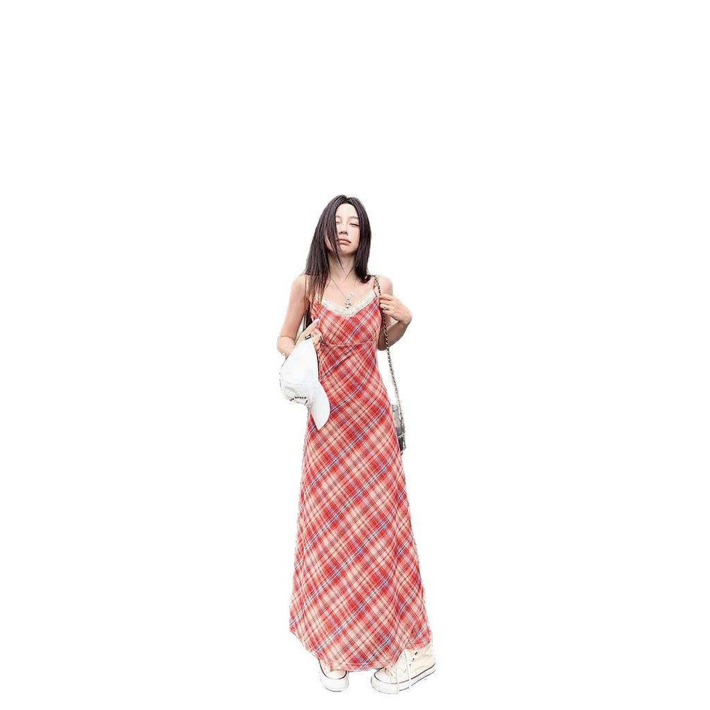 Summer new lace V-neck red plaid suspender skirt Spice girl style waist and thin holiday hip-wrapped dress