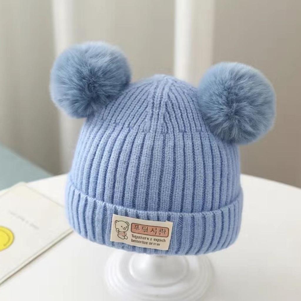 Baby hat autumn and winter fleece thickened knitted hat bear cute super cute baby wool hat men's and women's hat Korea