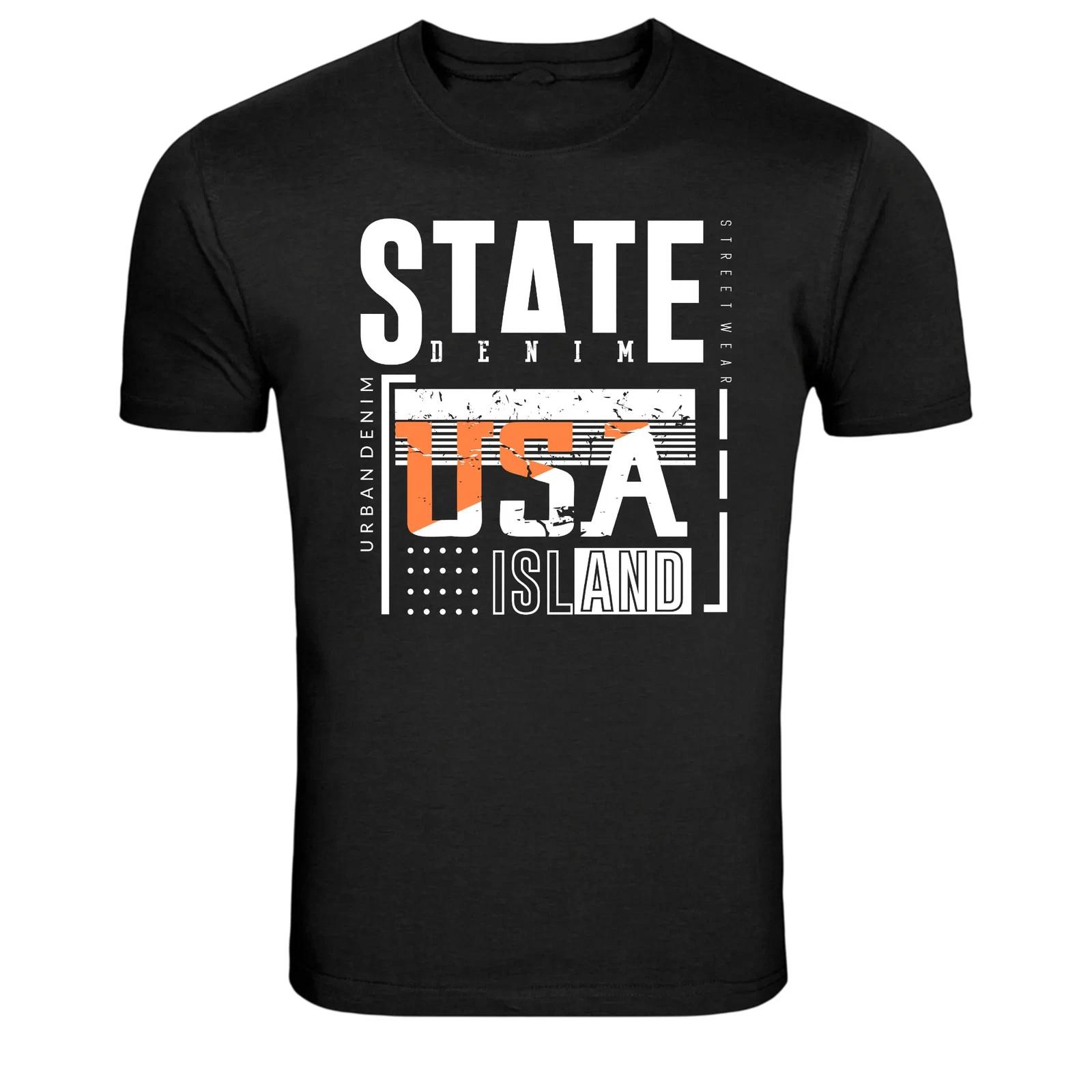 USA State Denim Island Urban Streetwear Graphic T-Shirt American Style Tee XS