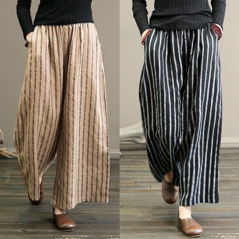 2023 Retro Cotton Linen Striped Wide-Leg Women's Slimming Cropped Pants - Japanese Style Summer Casual Wear
