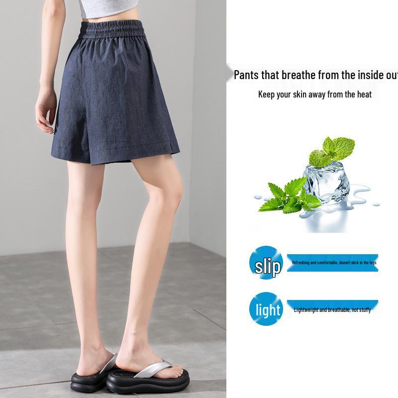 Dámské modré ledové hedvábí rychleschnoucí s vysokým pasem áčkového střihu s elastickým pasem volné ležérní široké nohavice střední délky 2025